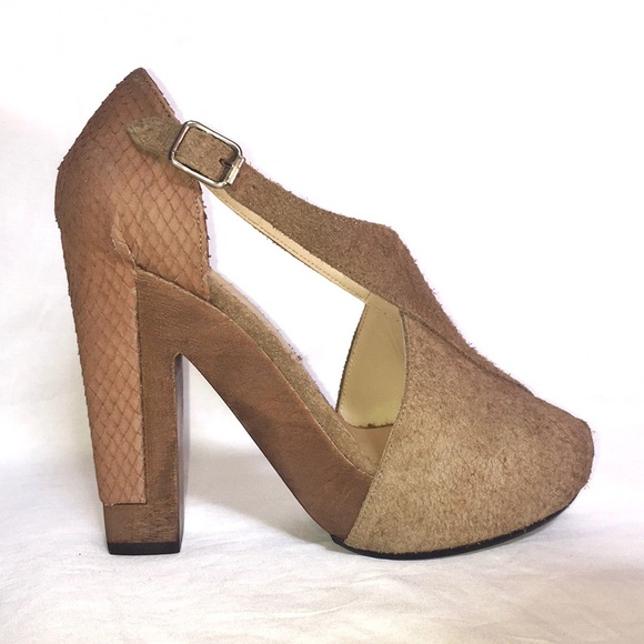3.1 Phillip Lim X-cellent tan brown suede leather chunky block wood high heel - Picture 4 of 8